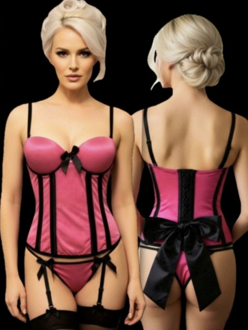 Vtg Y2K Morbid Threads pink black bow corset skirt thong lingerie set 36C LG NWT